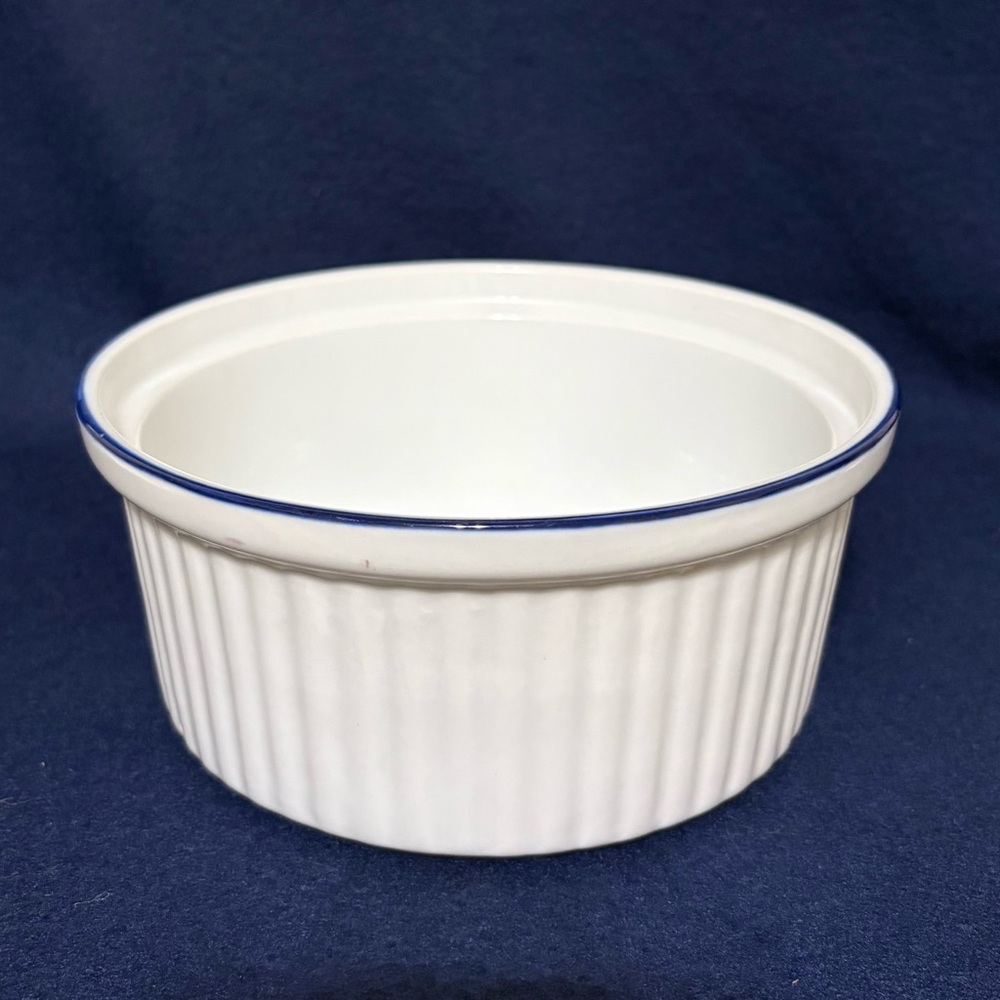 BIA Blanc de table White Fluted Ceramic Ramekin with Blue Edge 6 1/2 inch